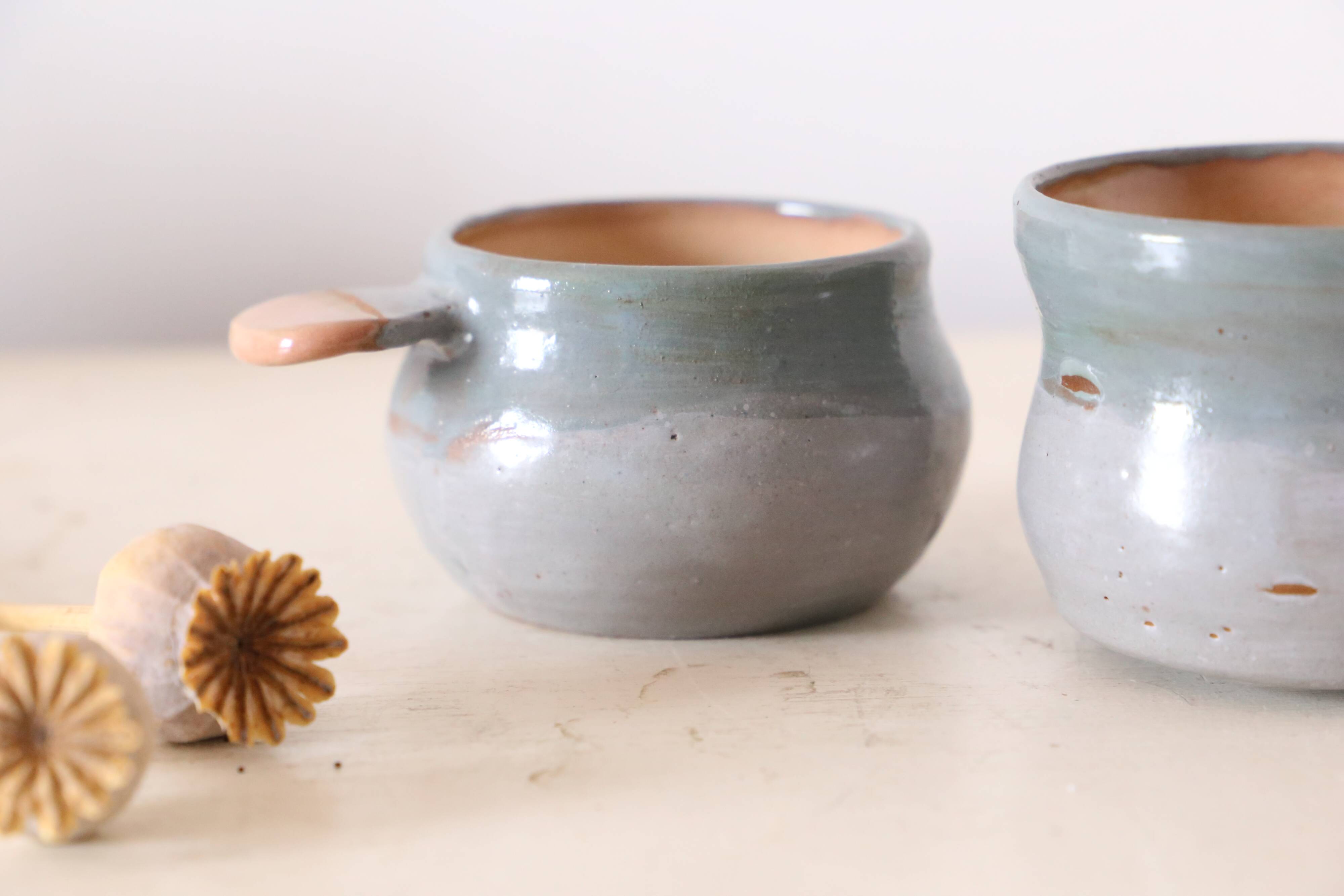 Set of 2 sandstone cups, artisanal pottery, vintage, 1980