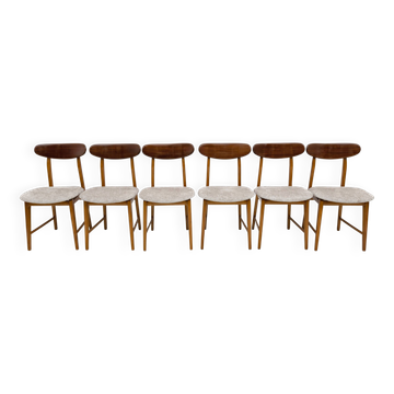 Ensemble de six chaises de salle à manger en bois de teck et tissu bouclé, Danemark, années 1960