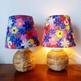 Pair of custom-made wicker lamps and shades from the 1970s