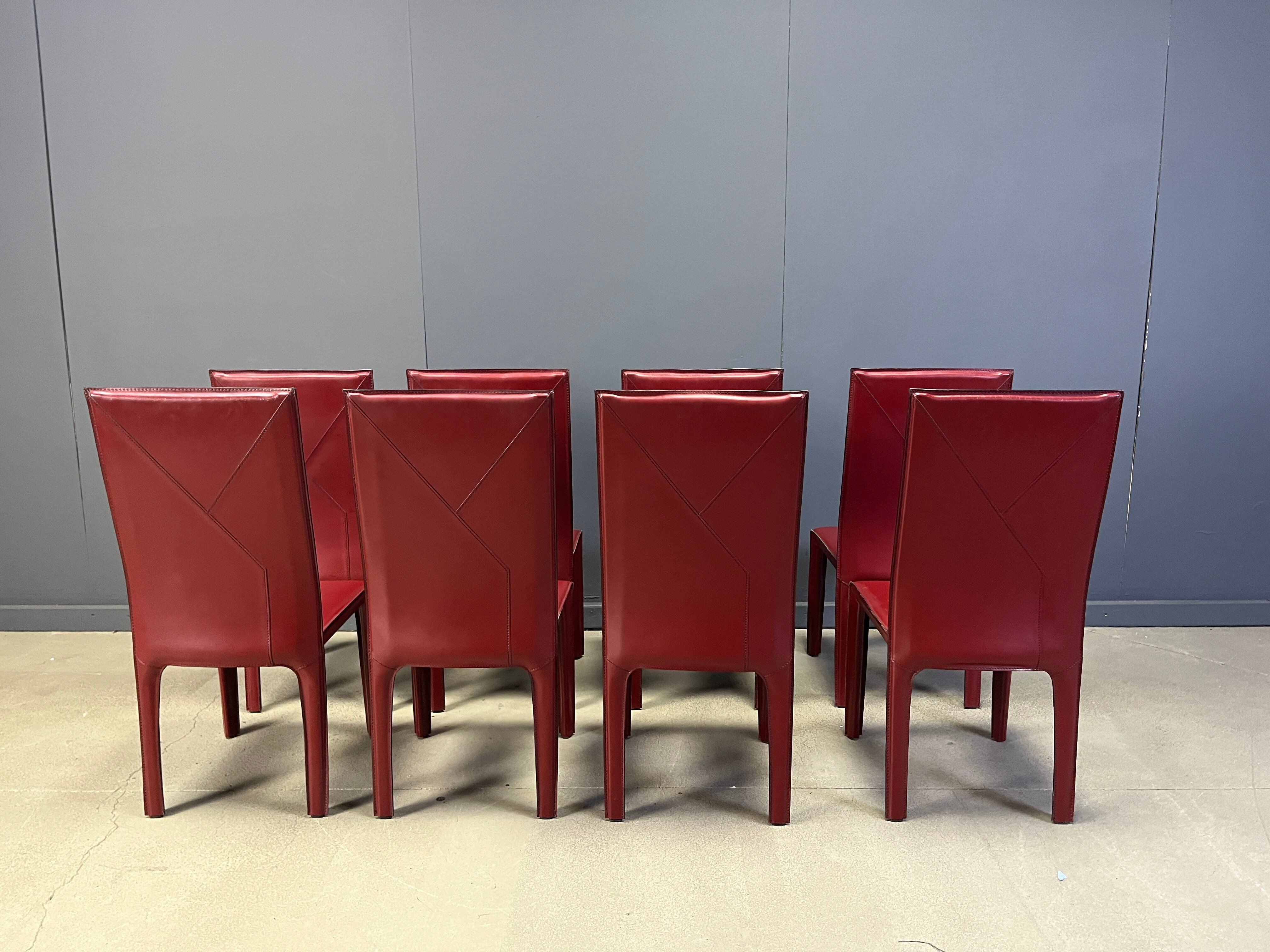 Red leather dining chairs by Roche Bobois France, 1980s - set of 8