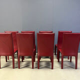 Red leather dining chairs by Roche Bobois France, 1980s - set of 8