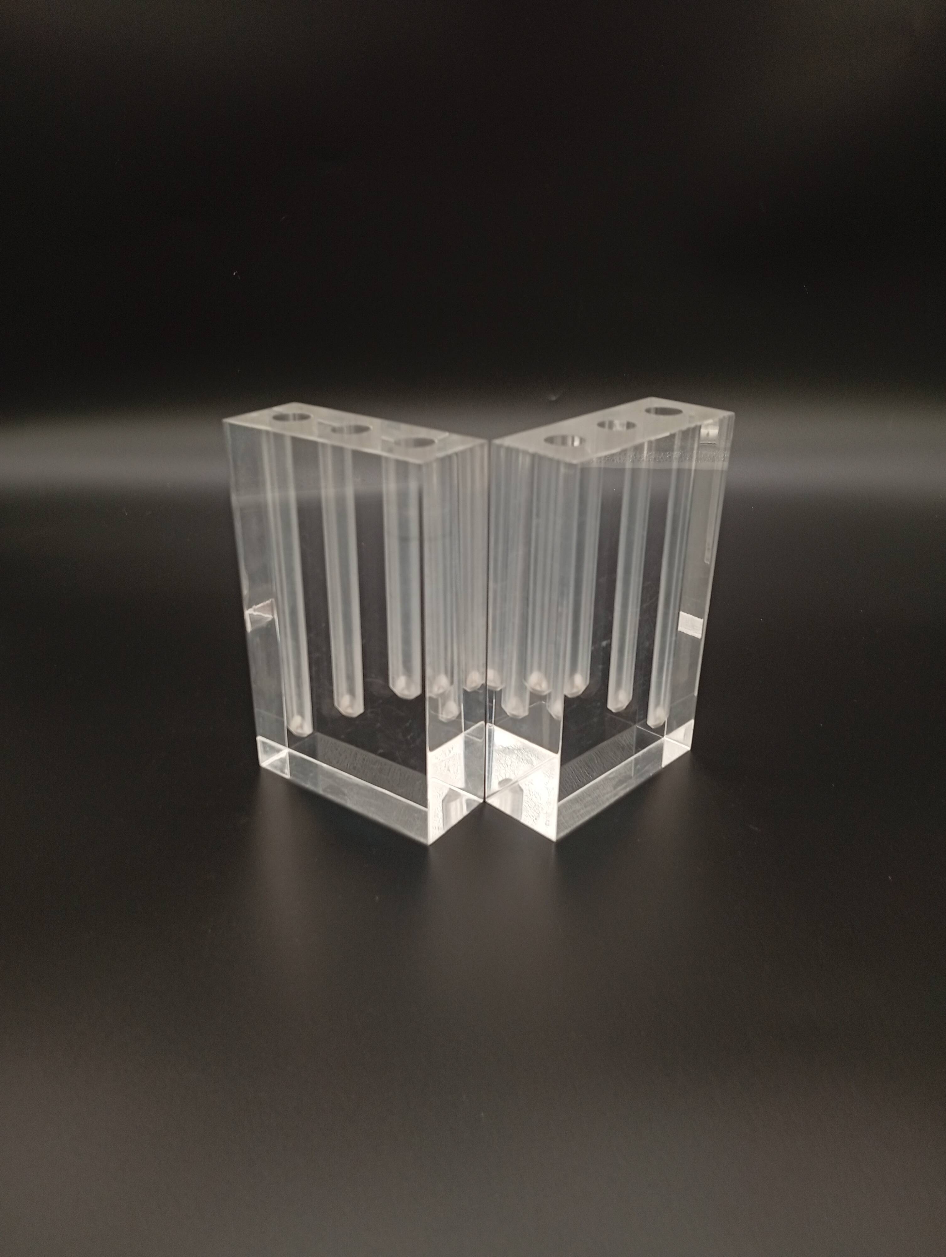 Duo Vase Bloc Résine Lucite Triple Cheminée Plexiglas Design Postmoderne