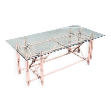 Organic Monumental Faux Bamboo Glass Top Dining Table in the style of McGuire, 1980s