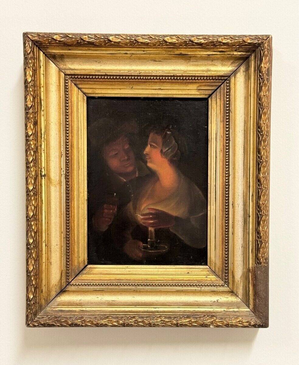 18th Century Framed Painting of a Couple Sharing a Drink