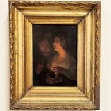 Peinture encadrée du XVIIIe siècle représentant un couple partageant un verre