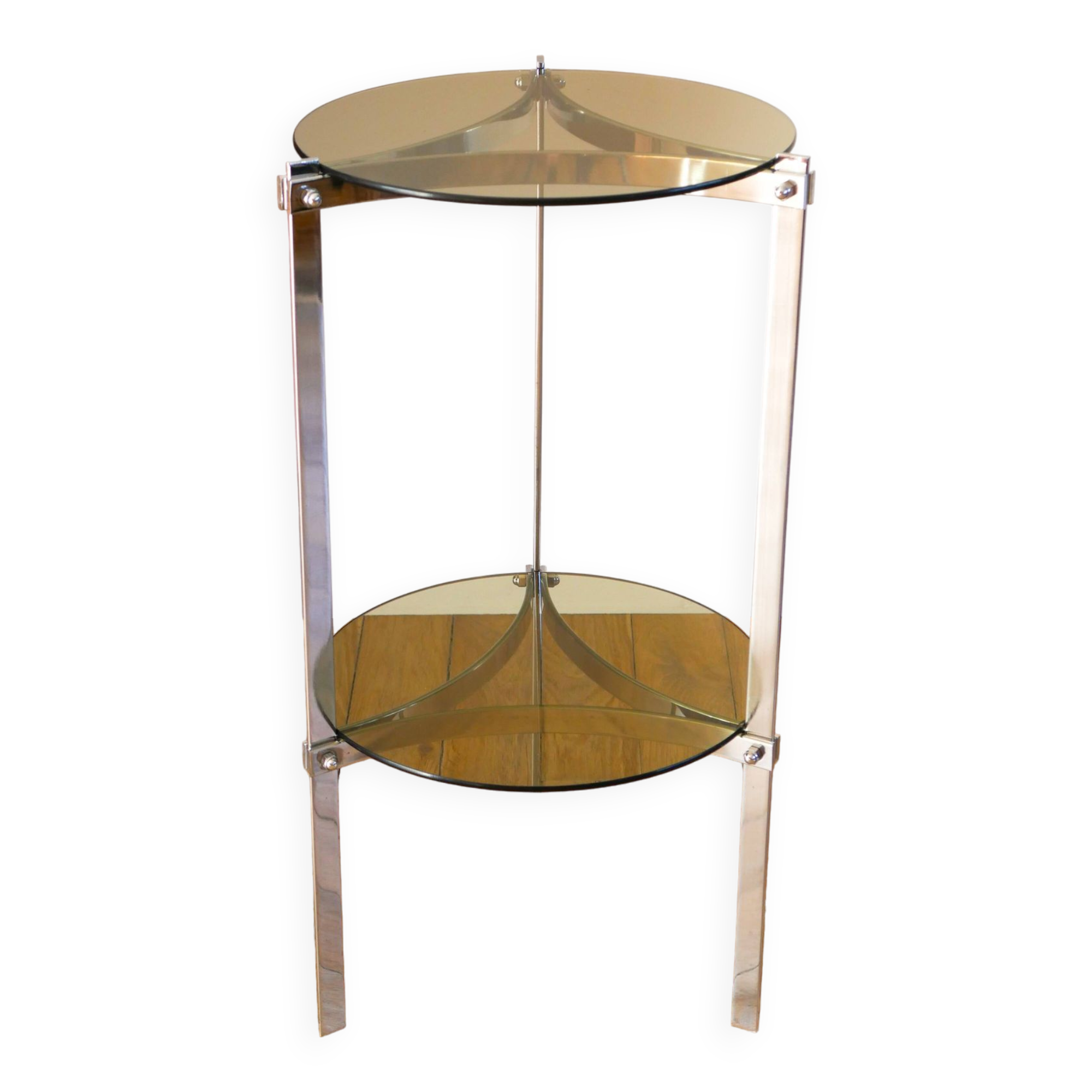 Tripod stand in chrome and smoked glass, double floors, Design, 1970