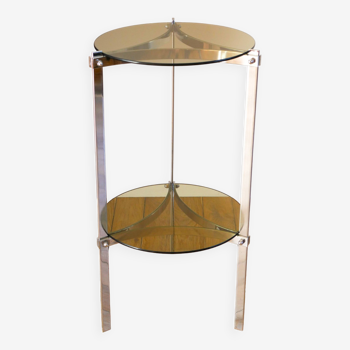 Sellette tripode en chrome et verre fumé, double étages, Design, 1970