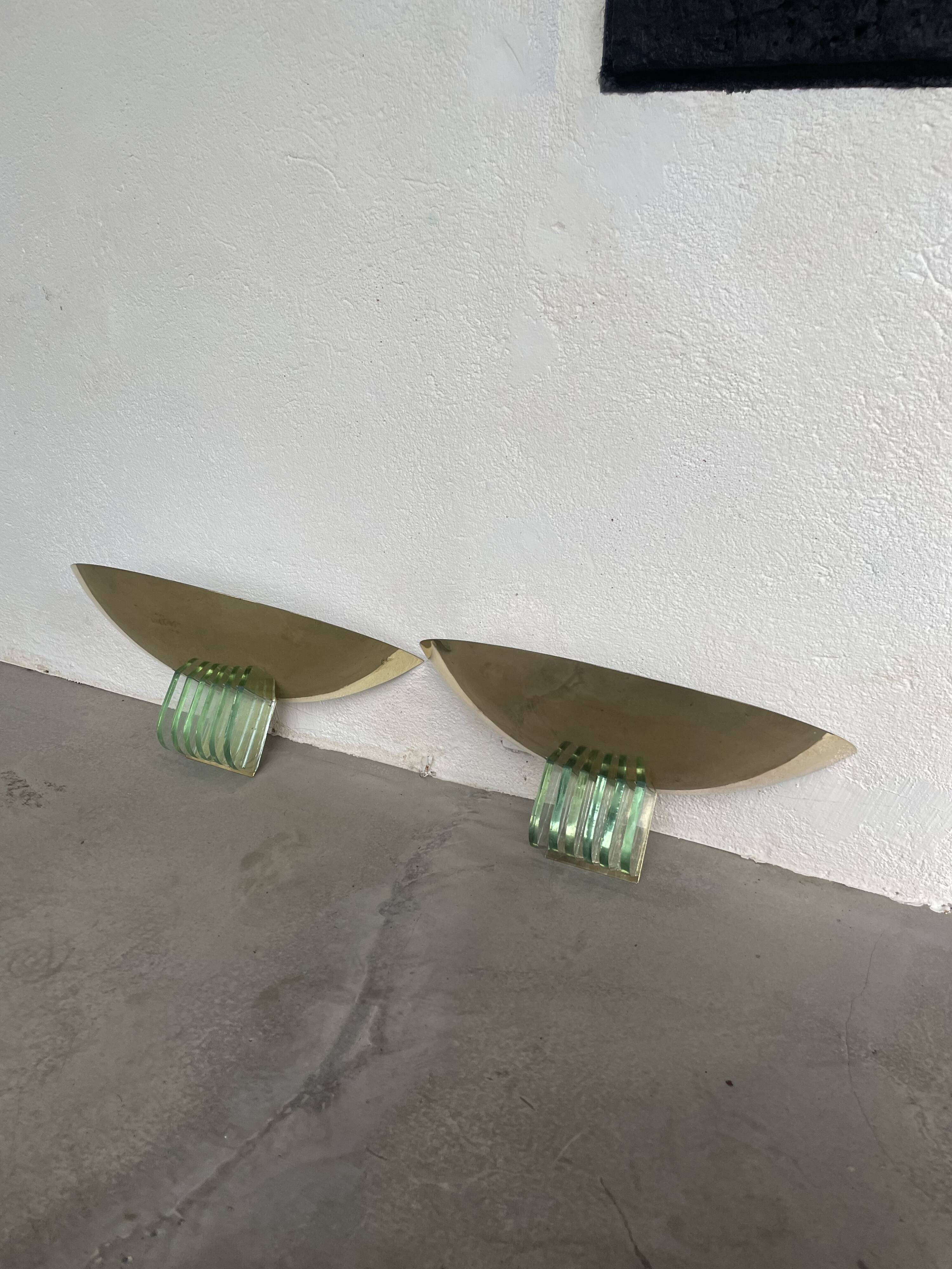 Pair of brass and art deco glass wall lights SCE