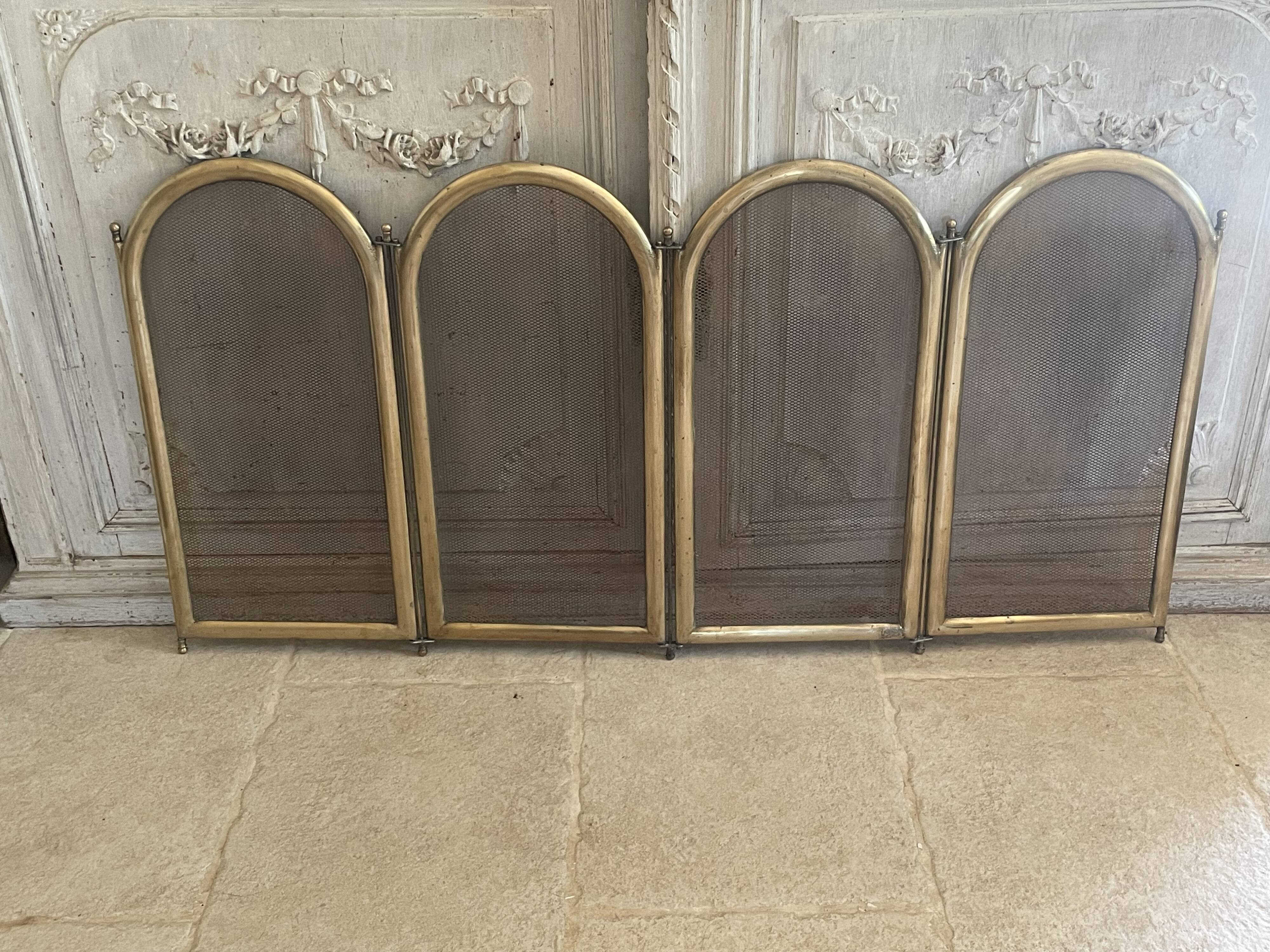 Vintage brass fireplace screen, folding spark guard with 4 panels,