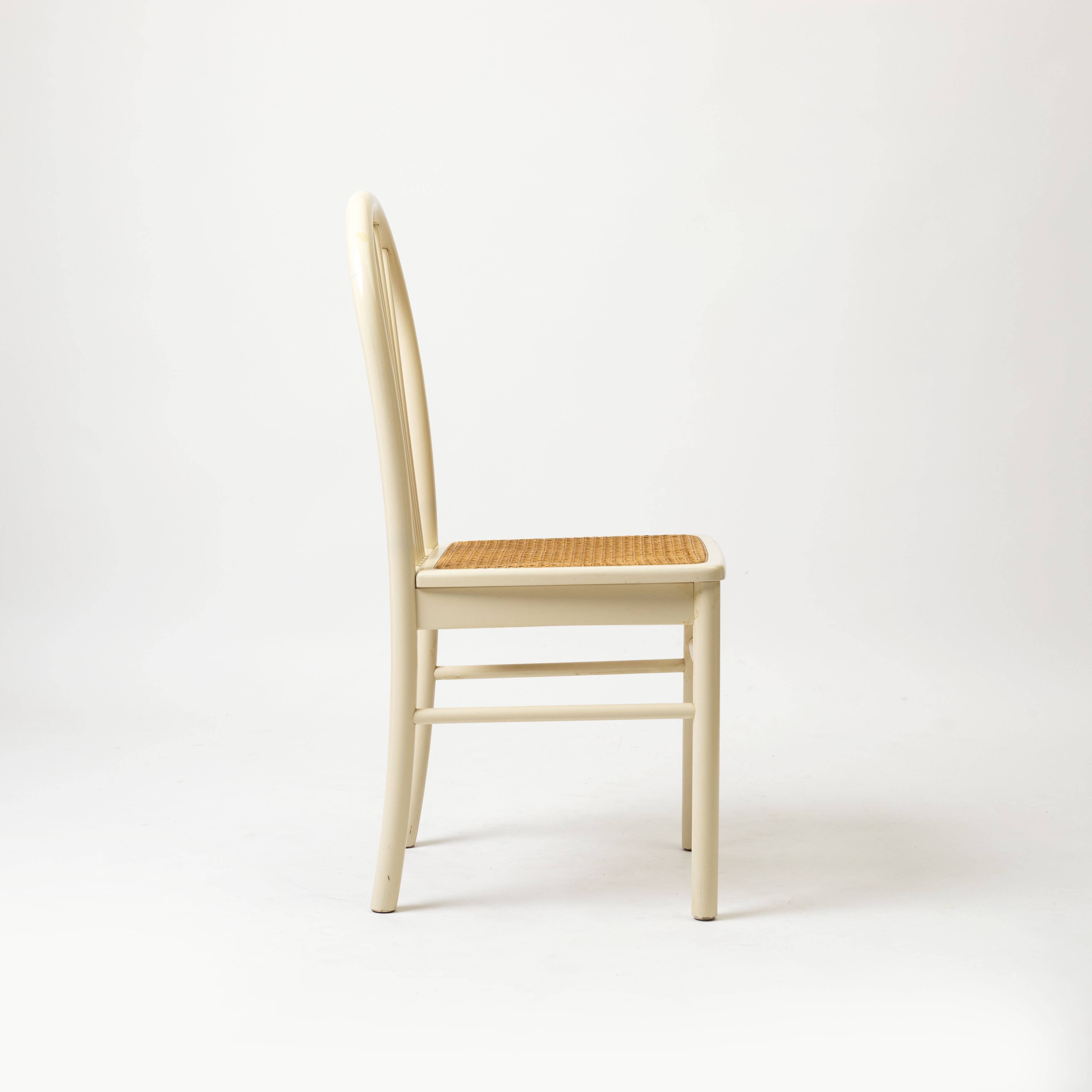 Set of 2 postmodern dining chairs in white painted wood and cane, 1980s