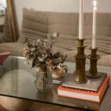 Vintage coffee table Italian design curved glass and travertine