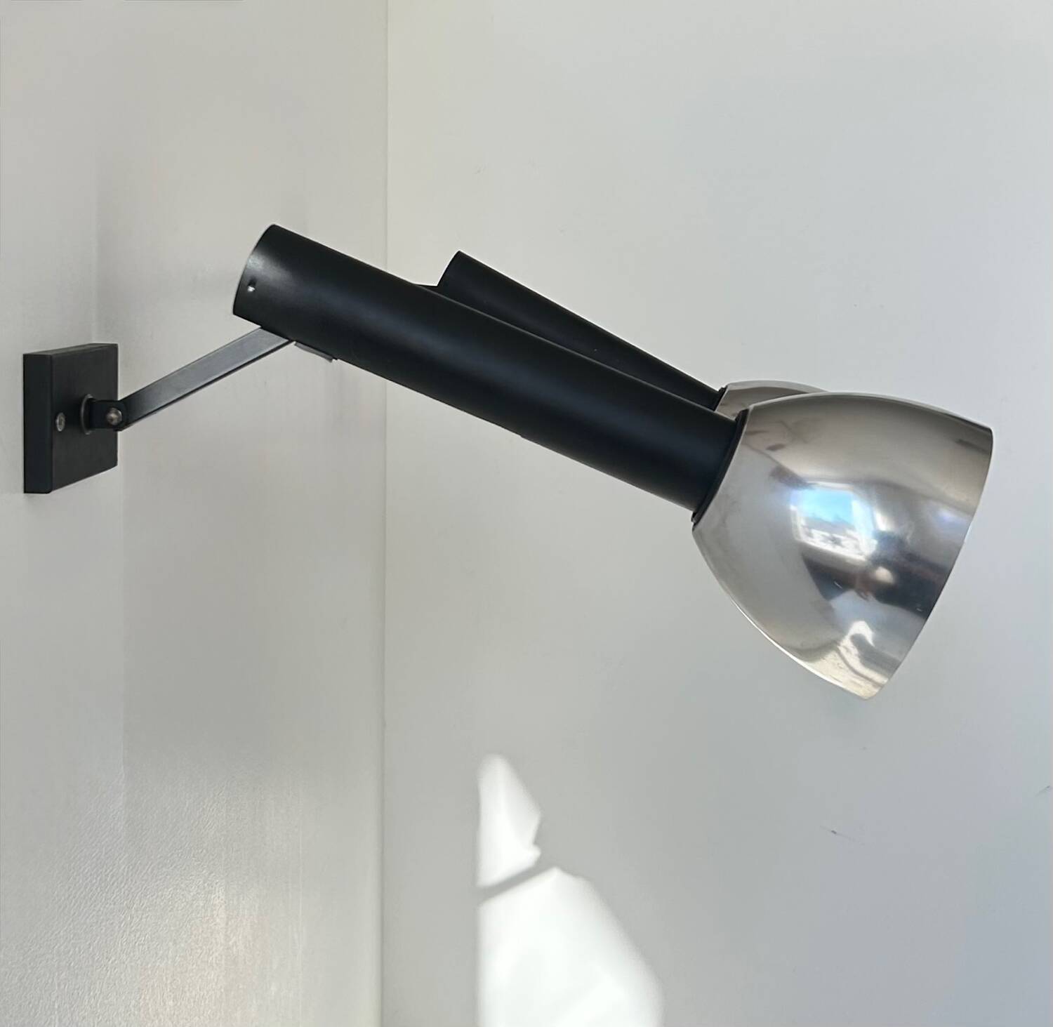 Pair of vintage wall lights, chrome and matte black metal, France 1960