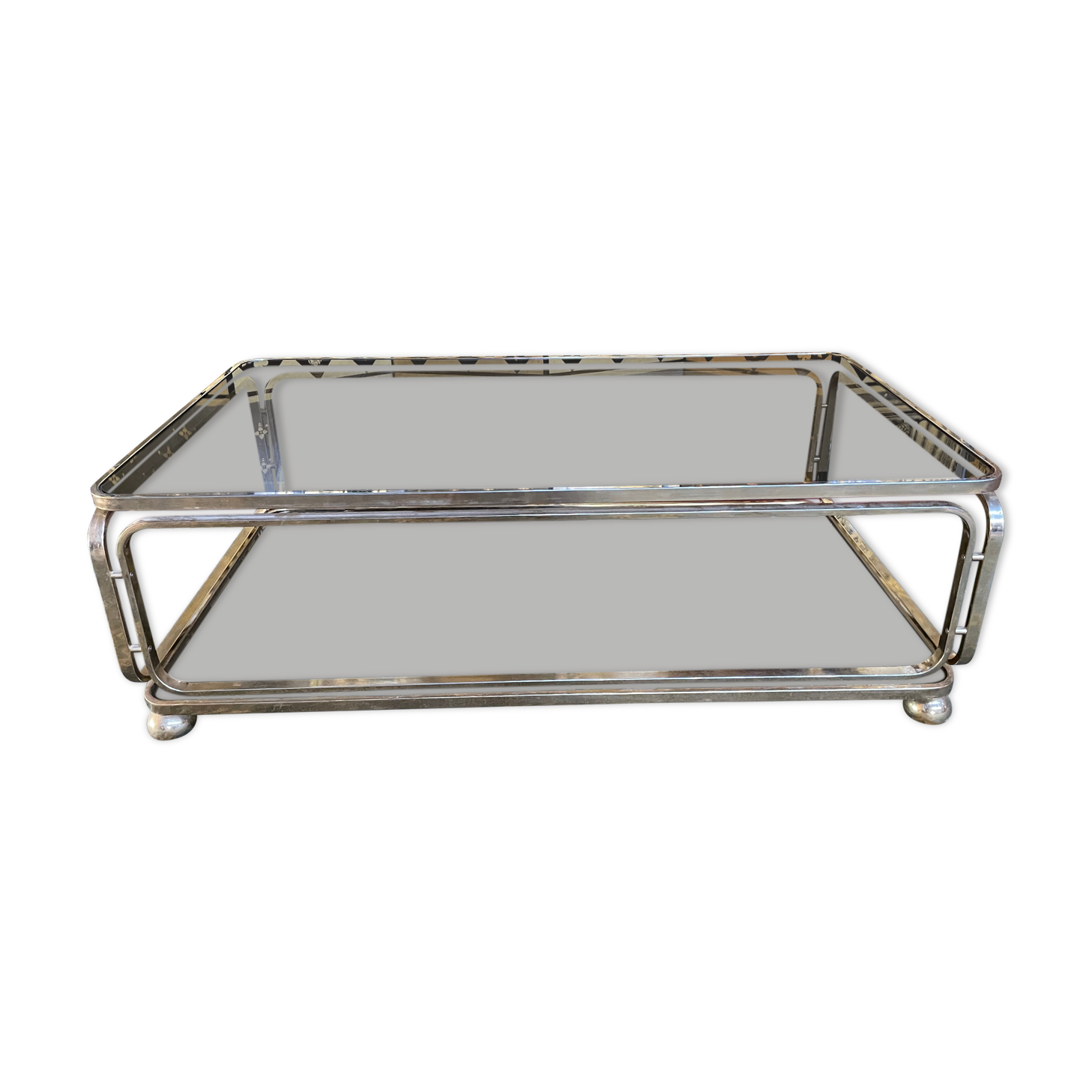Coffee table in gilded metal and mirror glass with double top 1980