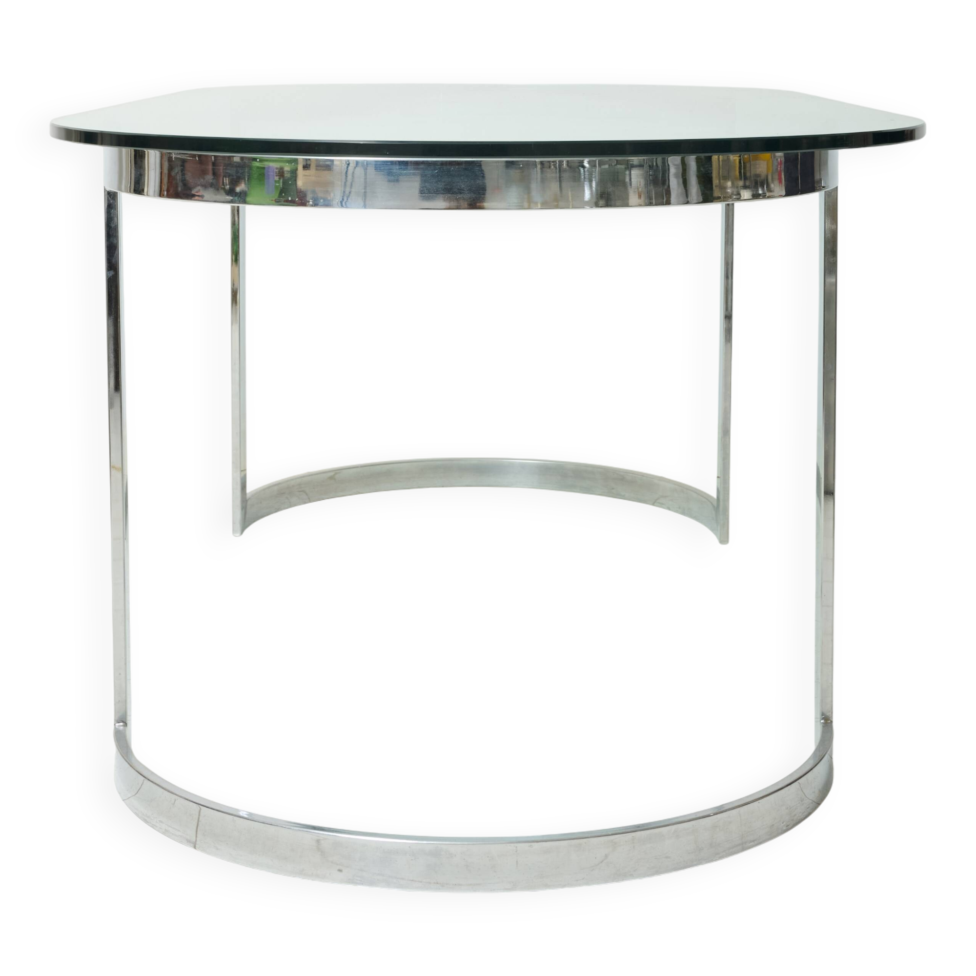 Dining table with a circular base.