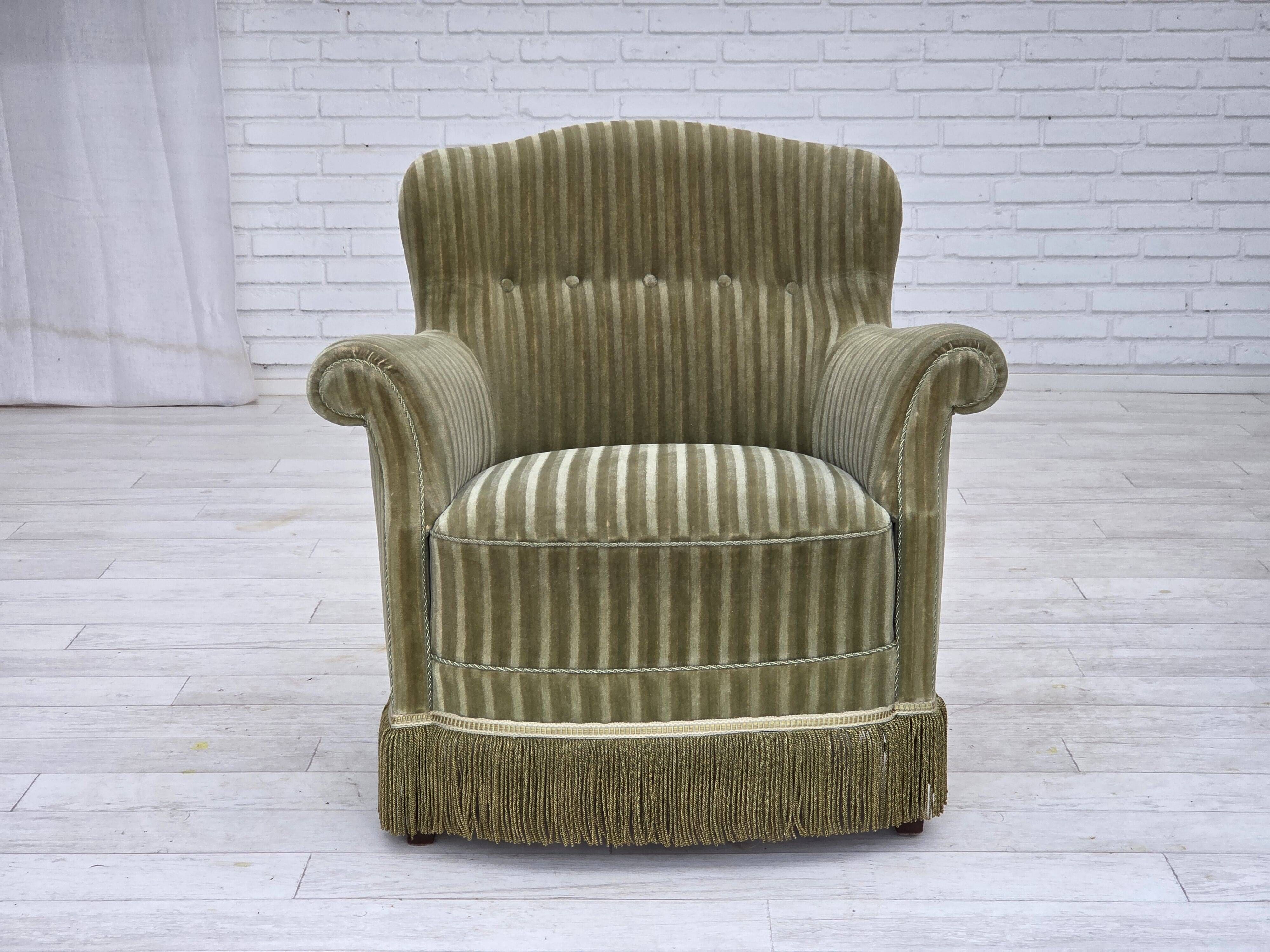 1960s, Danish armchair, original striped furniture velour, beech wood legs.