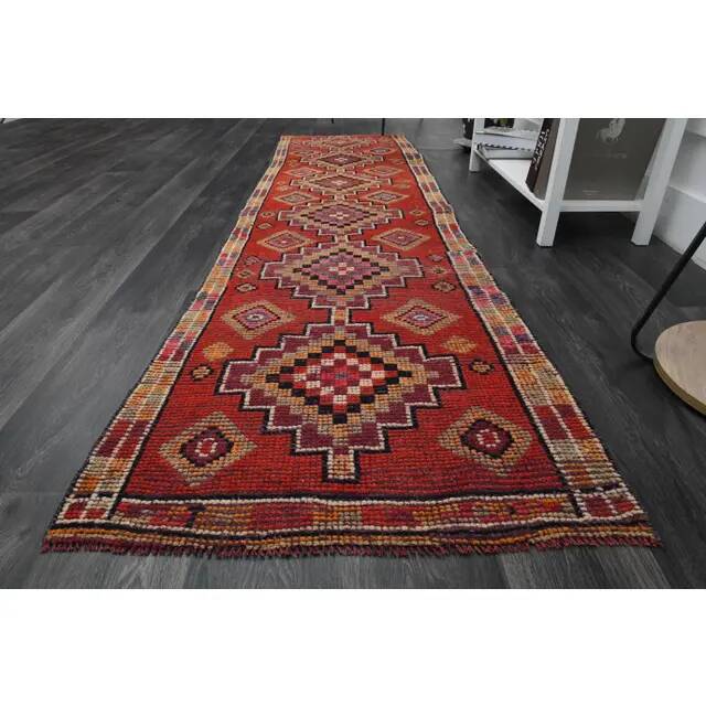 1970s Vintage Turkish Oushak Handmade Wool Cotton Orange Runner Rug 81x293