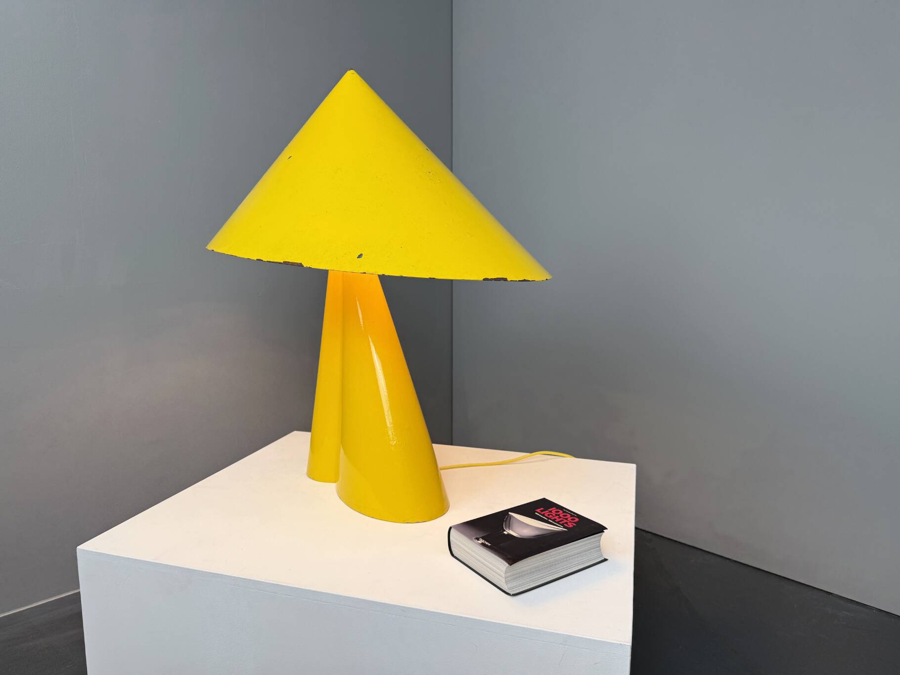Large yellow table lamp, aluminium and iron, unique piece, custom-made, France, 1950s