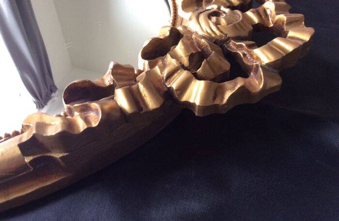 Large Baroque Mirror • Oval Arch • Carved Wood • Resin • 1950