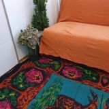 Vintage Romanian rug with deers, nature scenery on a floral background