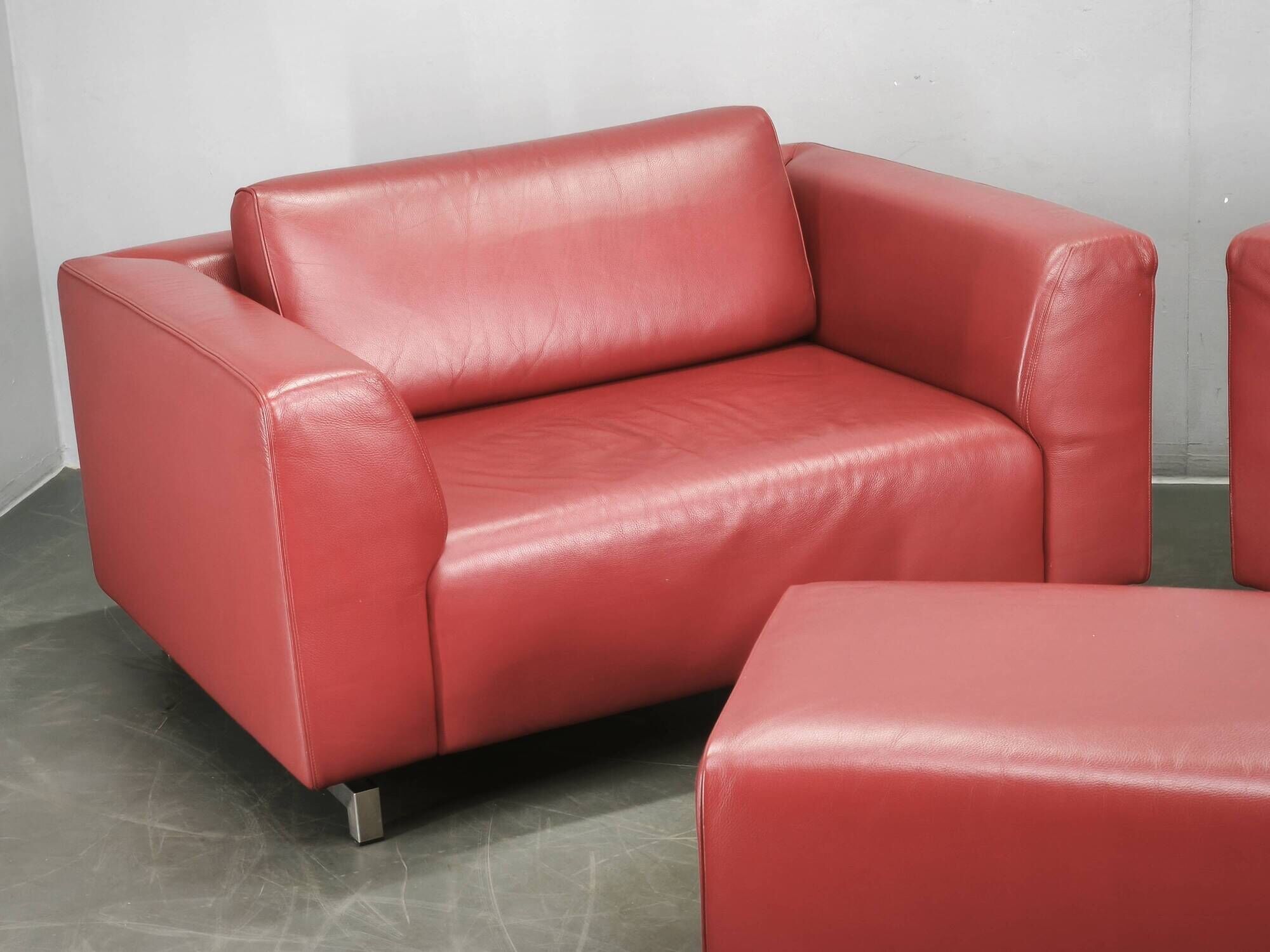 Wittmann Oversized Red Leather Lounge Armchairs and Ottoman, Austria