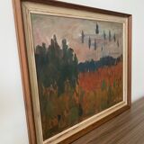 Peinture à l’huile de paysage vintage suédoise « Récolte d’automne » moderne du milieu du siècle, encadrée