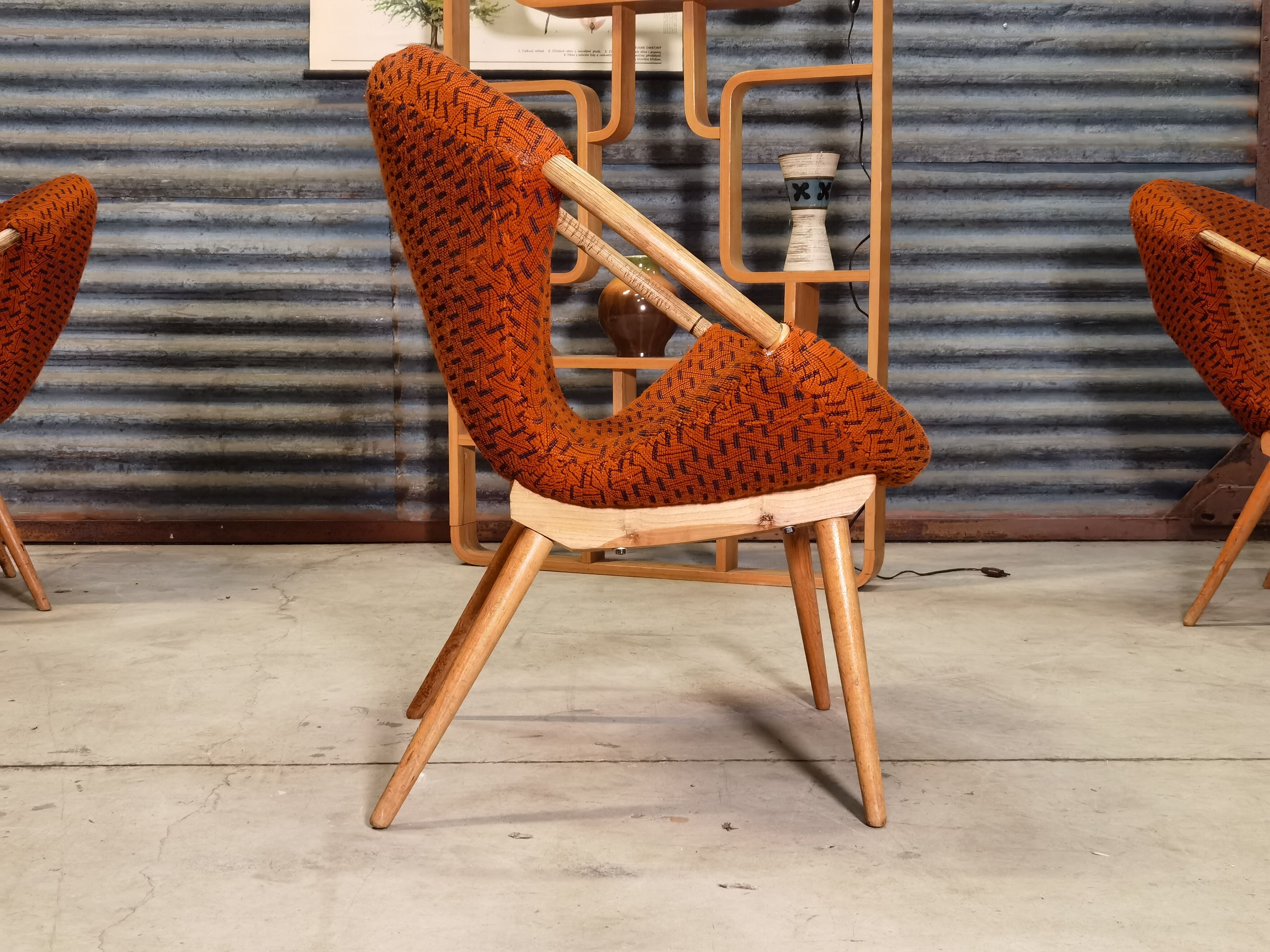 Czechoslovak shell armchair rattan wood fabric