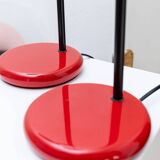 Set of 2 red metal table lamps with black stems, Memphis-Postmodern Italy 1980s