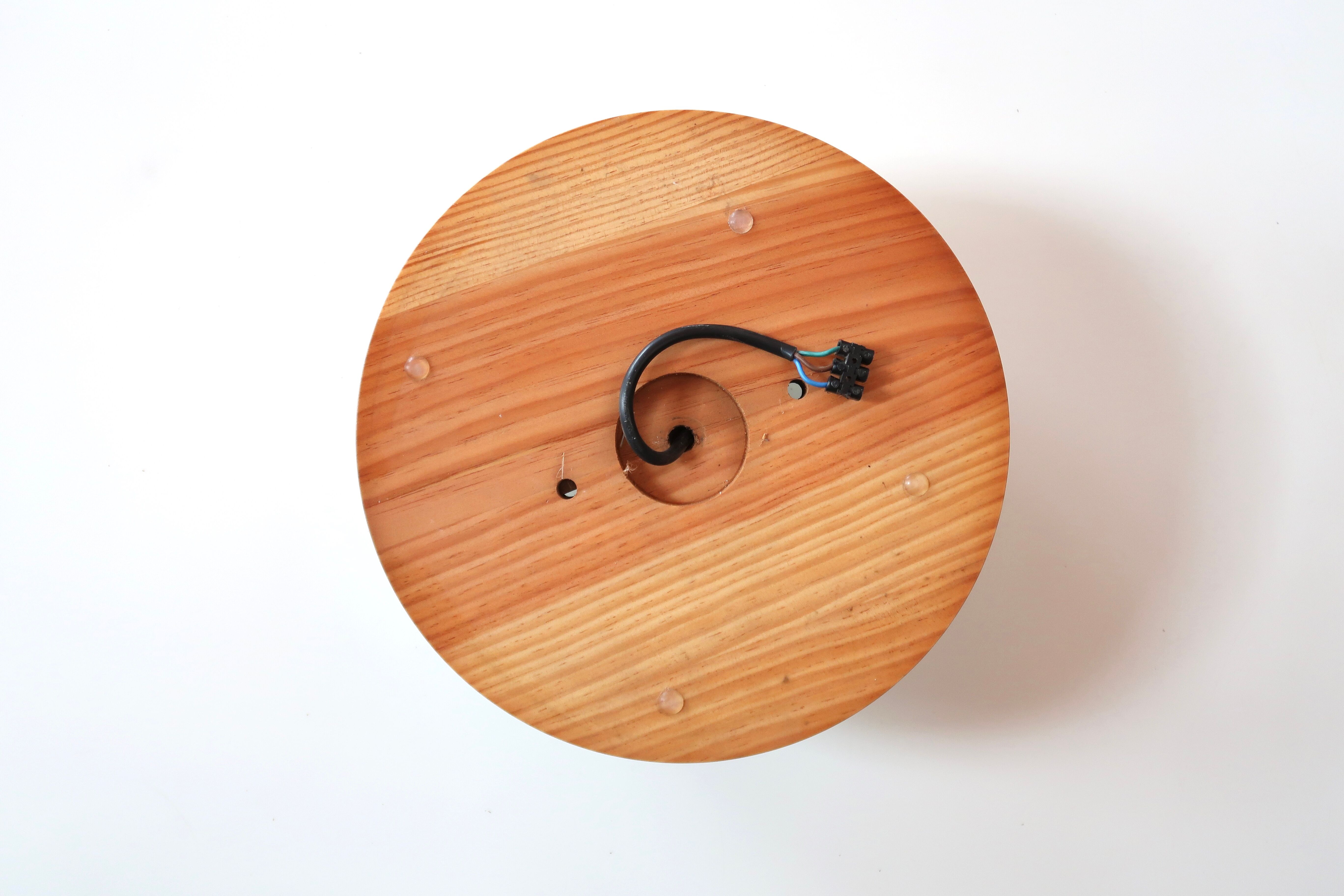Ceiling lamp round wall lamp, pine base, opaque white glass, 70s
