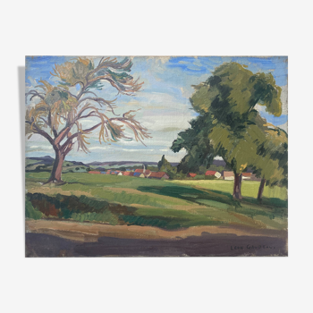 HST painting "Landscape in Jouy sur Eure" by Léon Gaudeaux (1893 / 1947)