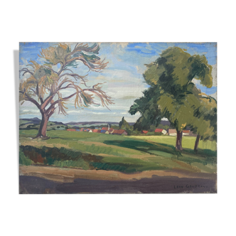 Tableau HST "Paysage à Jouy sur Eure" par Léon Gaudeaux (1893 / 1947)