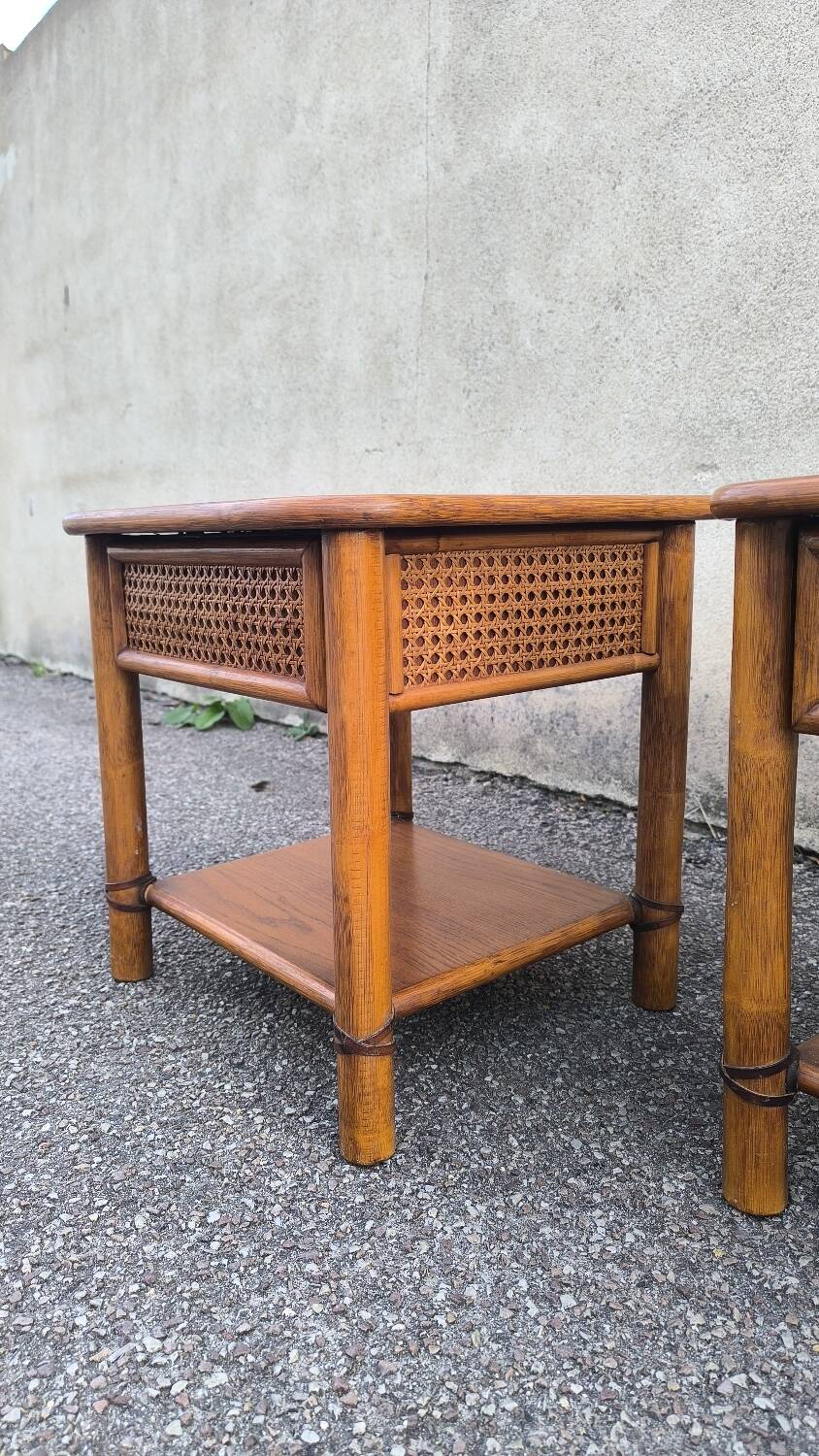 Pair of rattan and wood bedside tables from the 80s