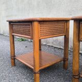 Pair of rattan and wood bedside tables from the 80s