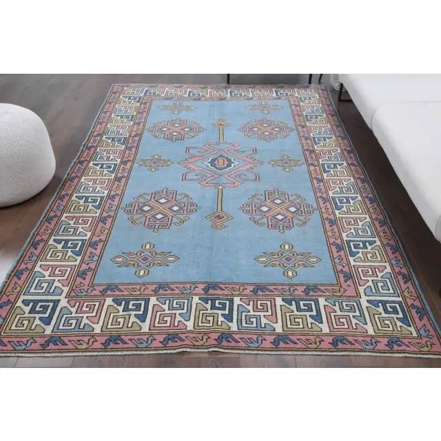 Vintage Turkish hand-knotted wool cotton blue area rug 170x259