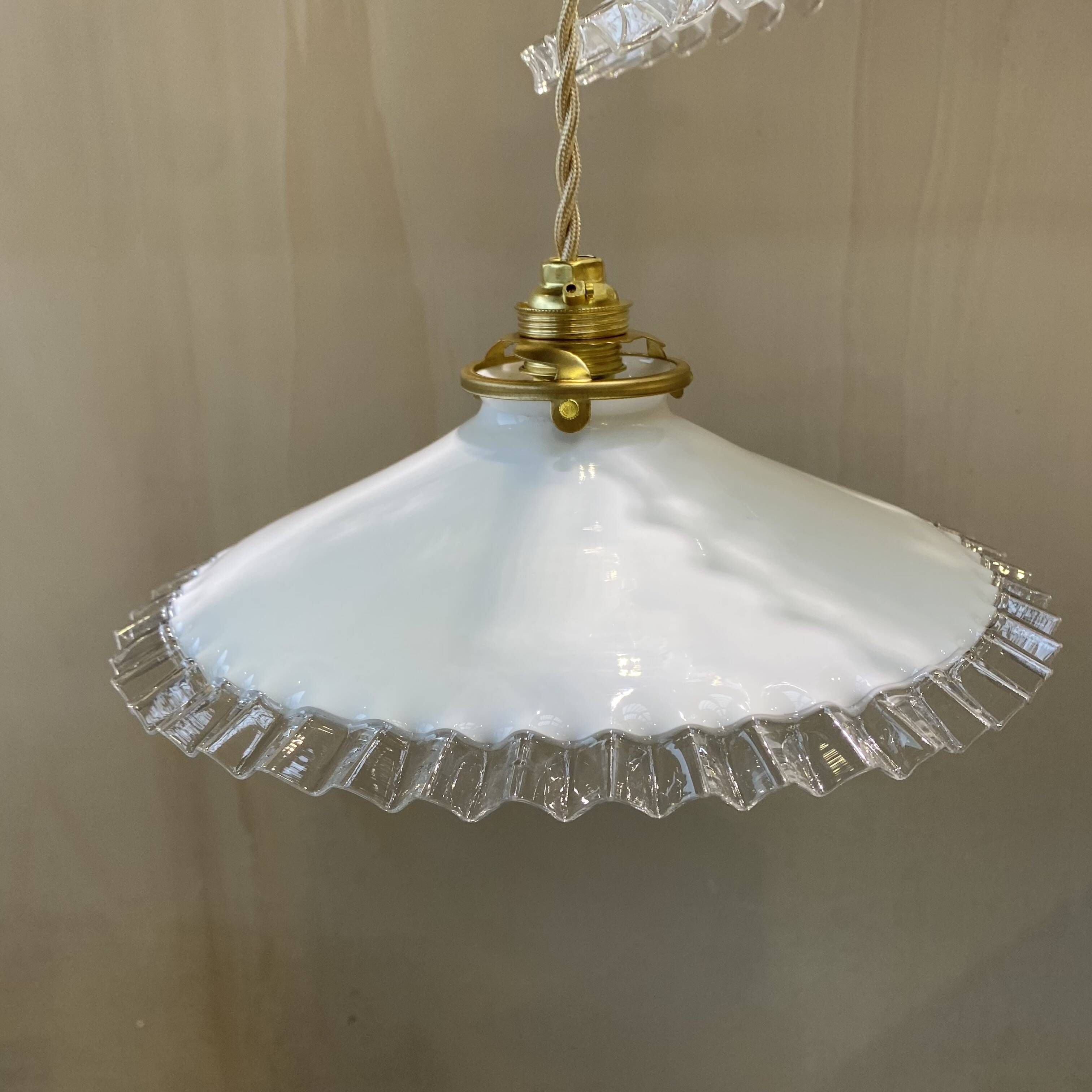 Pair of vintage pendant lights in opaline and transparent serrated edges