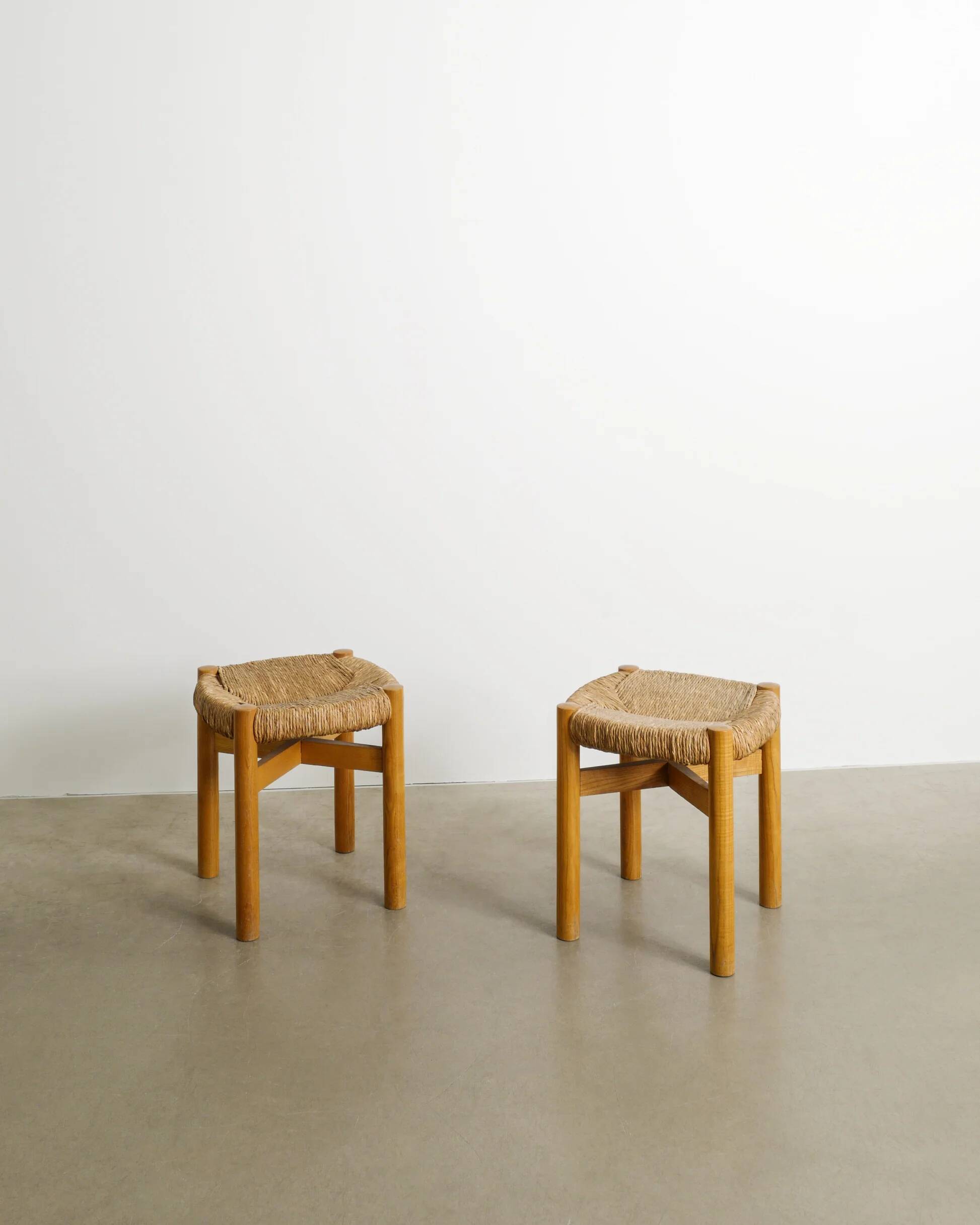 Pair of French Mid Century Wooden Meribel Stools by Charlotte Perriand 1960