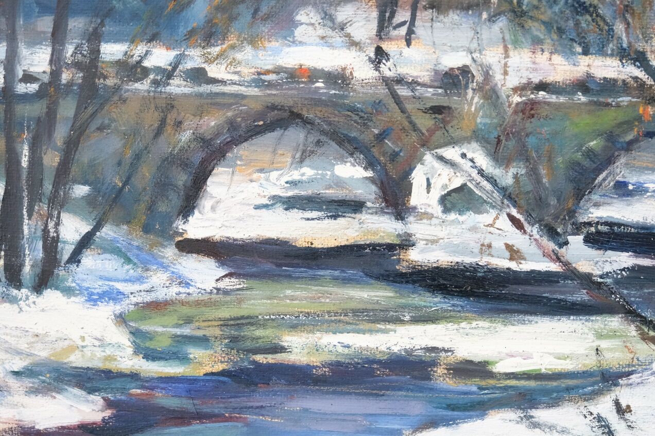 Gideon isaksson (1911-1980), scandinavian modern landscape, 1960s, oil on panel, framed