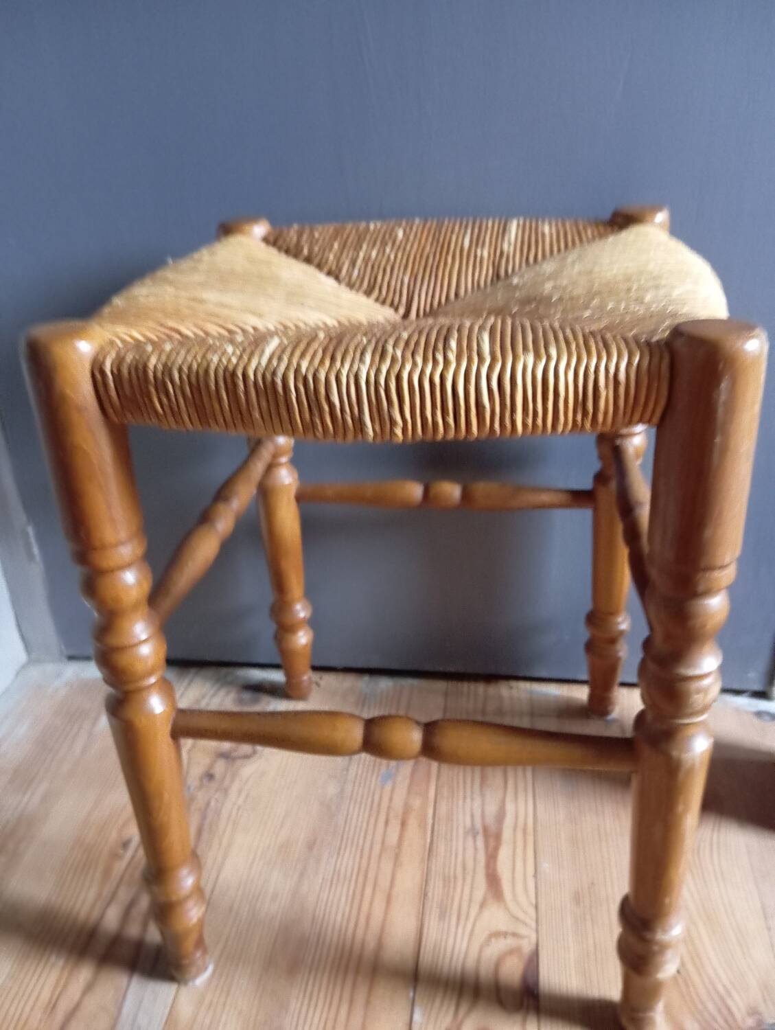 Turned wood stool, straw seat, vintage countryside