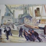 The port, the docks, unloading, dockers, painting signed 20th century HSP