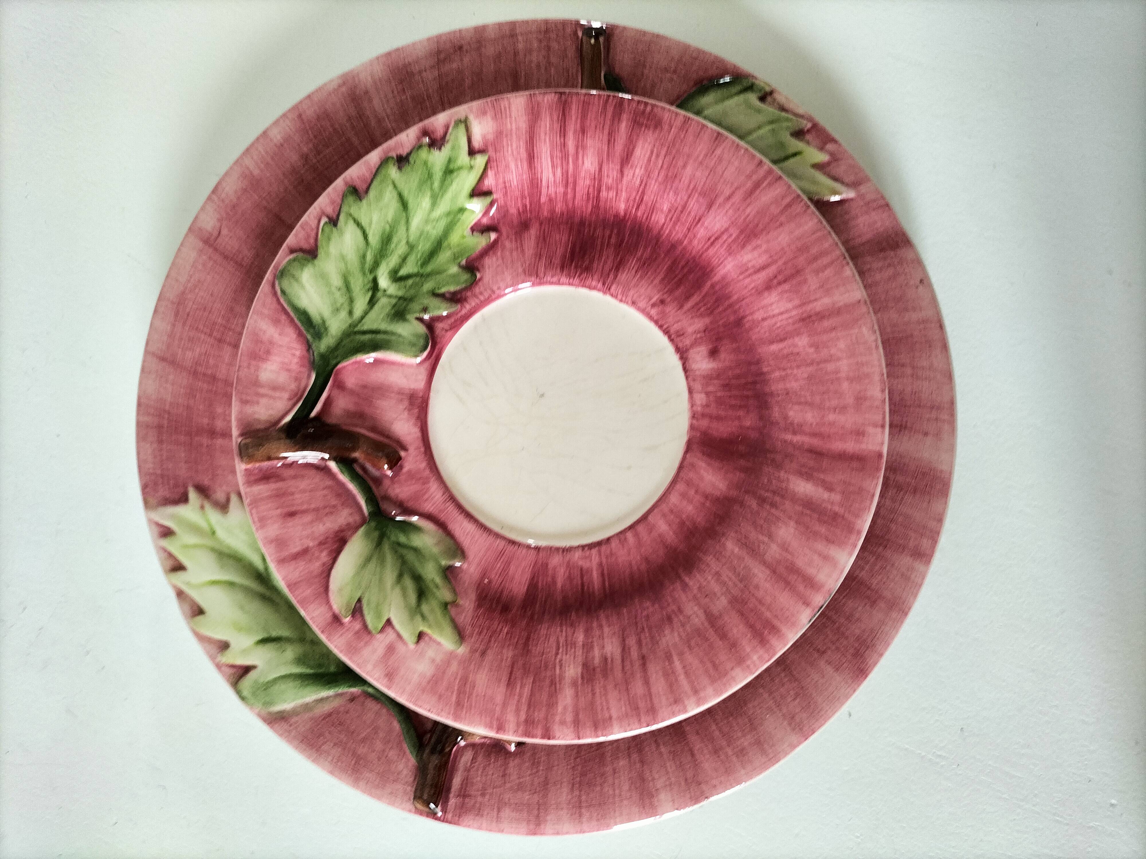 Two vintage leaf barbotine plates