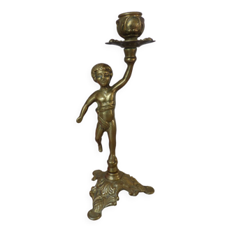 Antique gilded brass cherub angel candle holder