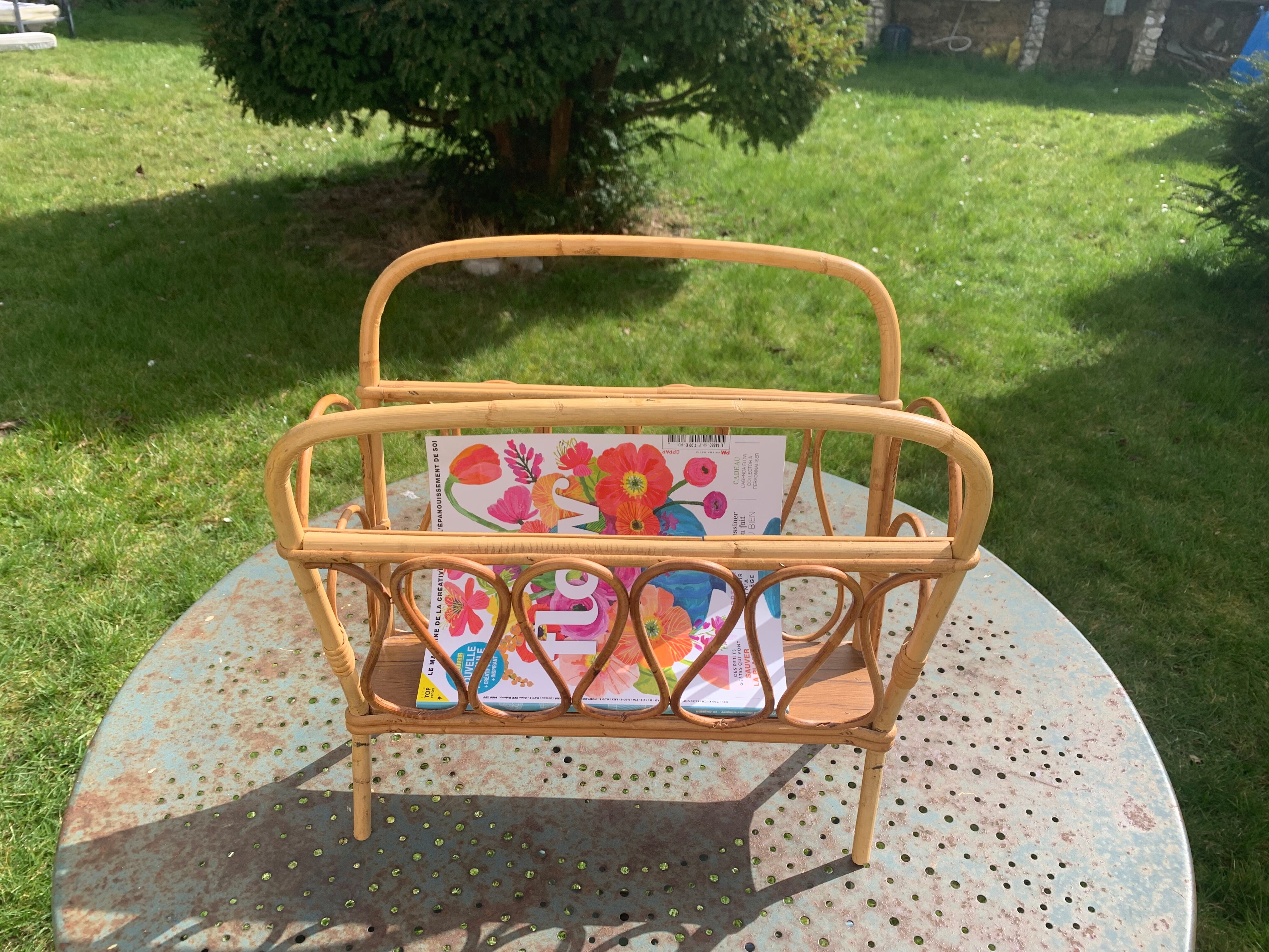 Vintage bamboo and rattan magazine holder 1960