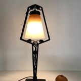 Charles SCHNEIDER art nouveau desk lamp, in glass with signature and hammered metal