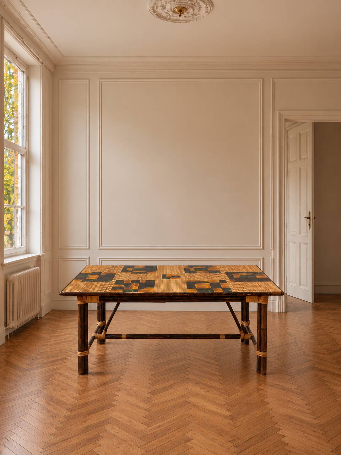 Dining table in stained rattan, bamboo and ceramic - audoux & minet