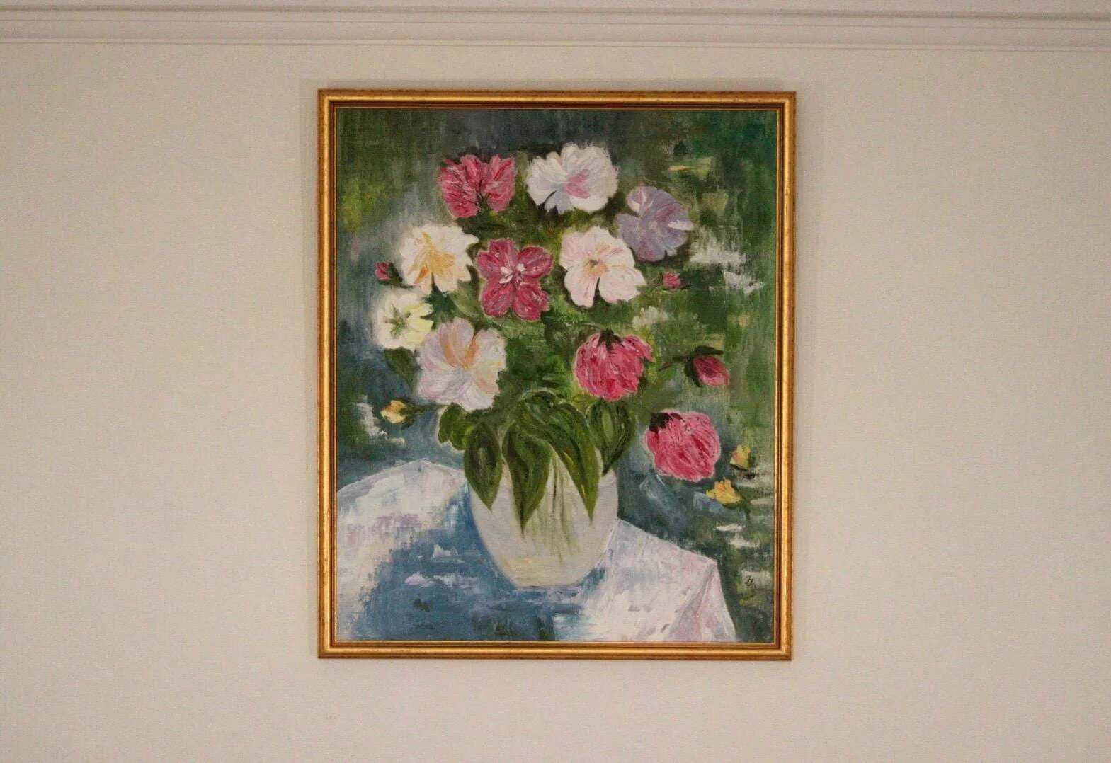 Original Oil on Canvas – “Large Bouquet” by JJ – Signed, Framed 65 × 77 cm