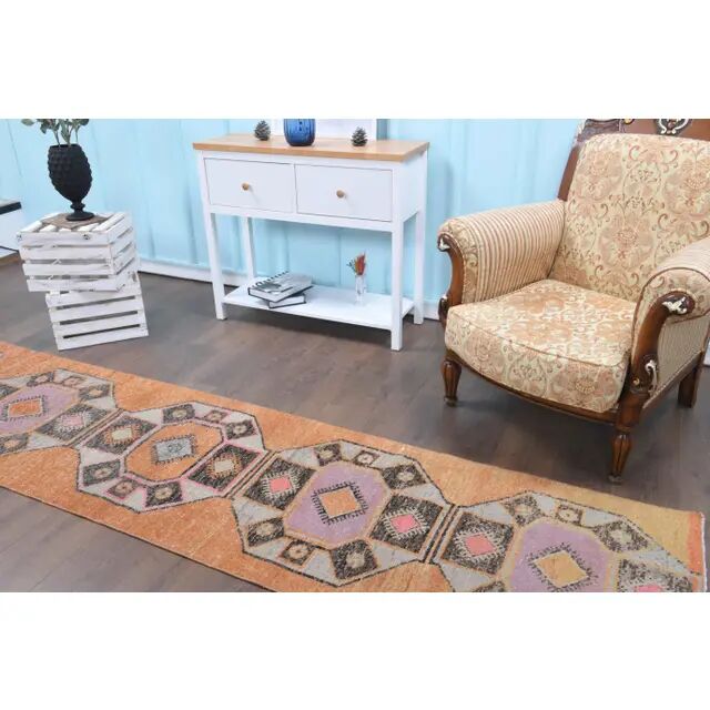 Tapis couloir vintage turc Oushak fait à la main en laine et coton orange 75x330