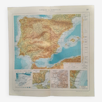 Une carte géographique issue atlas quillet année  1925 : carte  physique  espagne et portugal