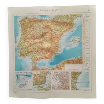 Une carte géographique issue atlas quillet année  1925 : carte  physique  espagne et portugal