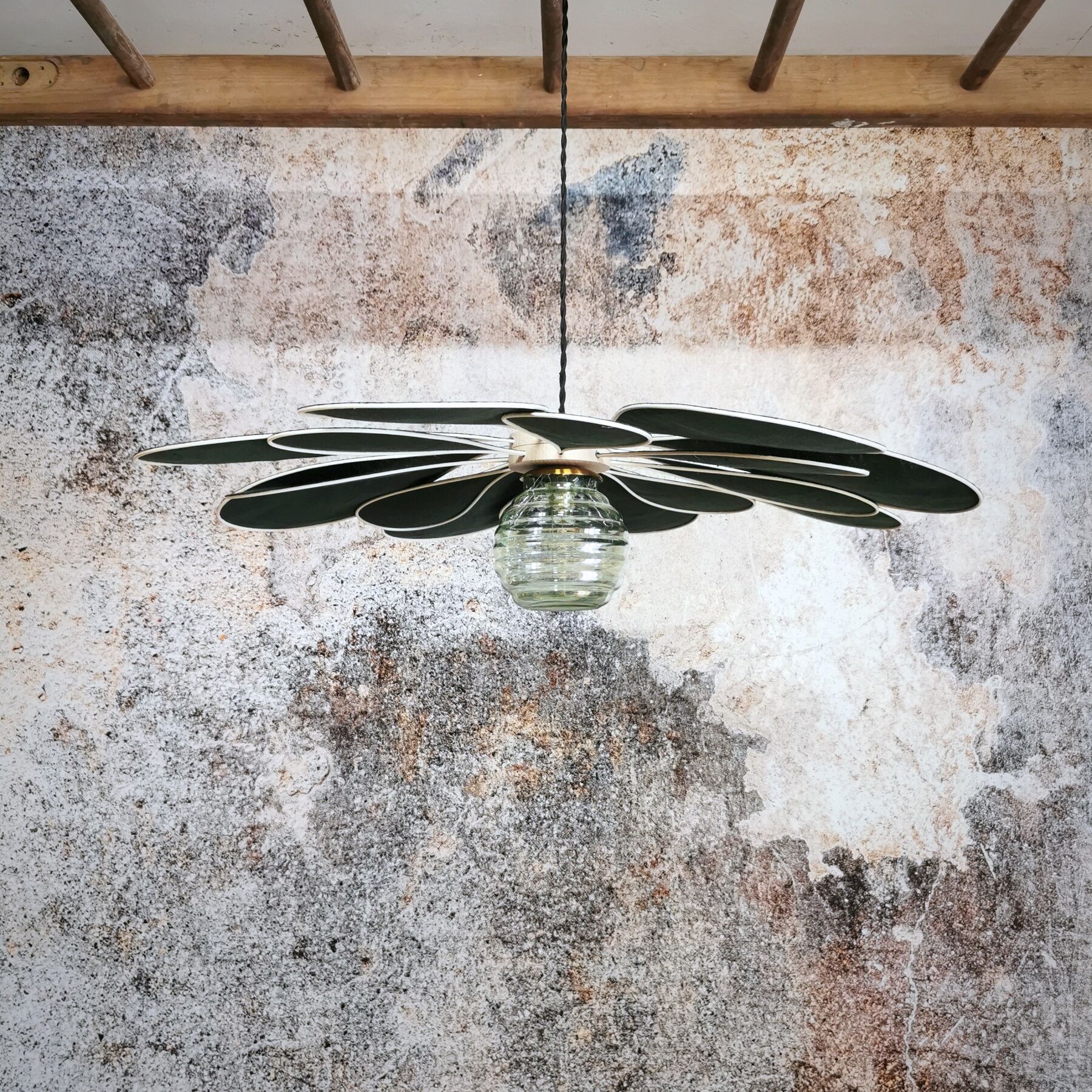 Suspension linen green fir, rattan and old vintage globe