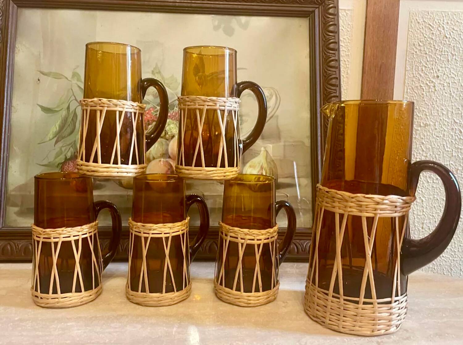 Amber glass and wicker lemonade set