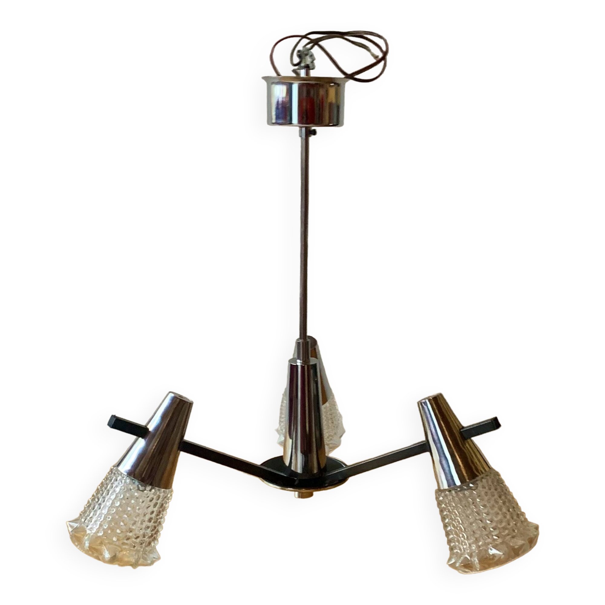 Vintage chandelier in chrome metal, steel and molded glass -3 branches